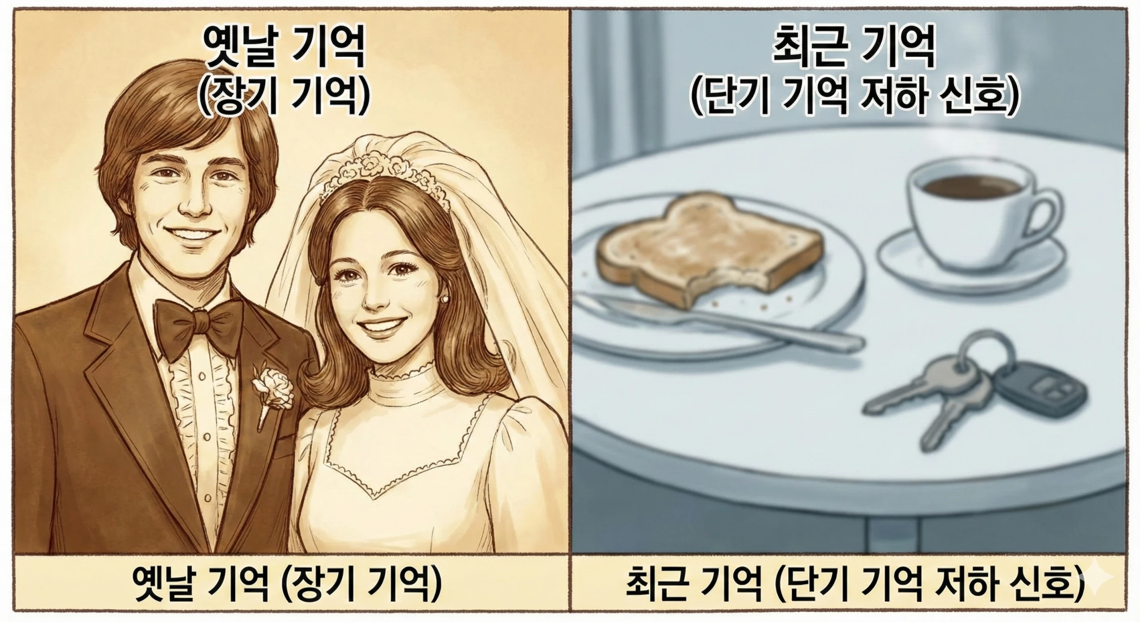 화면이 좌우로 분할된 일러스트. 왼쪽에는 '옛날 기억 (장기 기억)'이라는 라벨과 함께 선명하고 행복해 보이는 젊은 부부의 빈티지 결혼사진이 있고, 오른쪽에는 '최근 기억 (단기 기억 저하 신호)'라는 라벨과 함께 뿌옇고 흐릿하게 묘사된 아침 식사 테이블과 열쇠 뭉치가 대조되어, 치매 초기 증상이 옛날 기억이 아닌 최근 기억의 저하임을 보여줌.