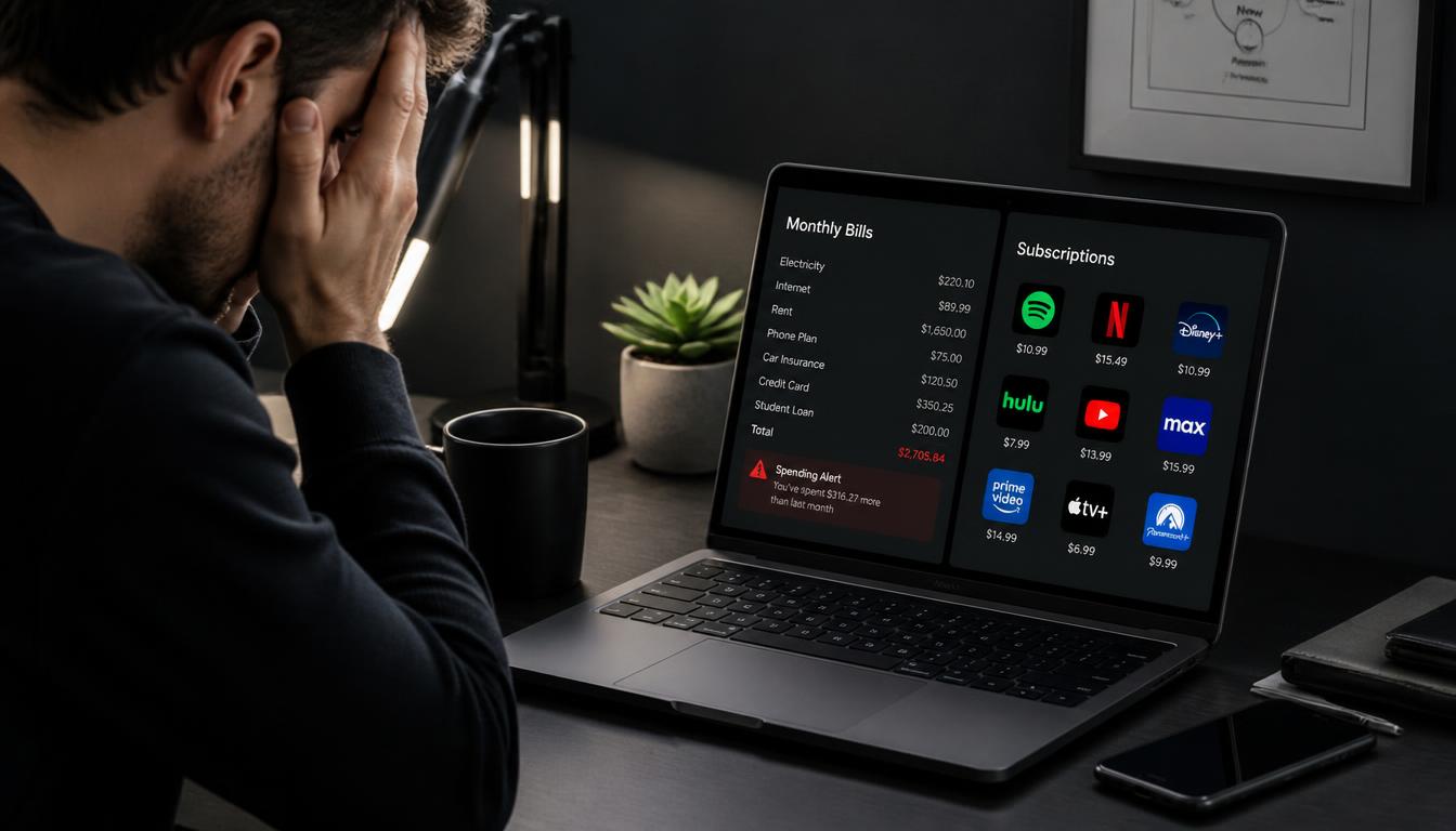 A modern desk setup displaying digital subscription invoices, illustrating the concept of subscription fatigue and hidden financial risks.
