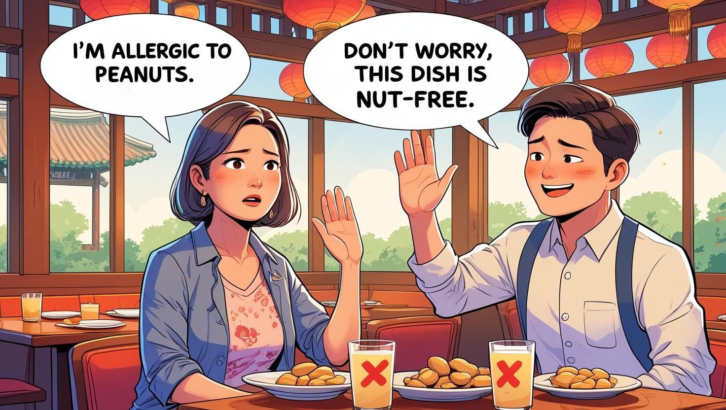 해외여행 식당에서 알레르기를 설명하는 중년 한국 여성 &ndash; "I&rsquo;m allergic to peanuts."