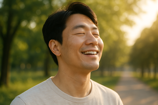 코 건강을 회복해 밝게 미소짓는 한국 남성