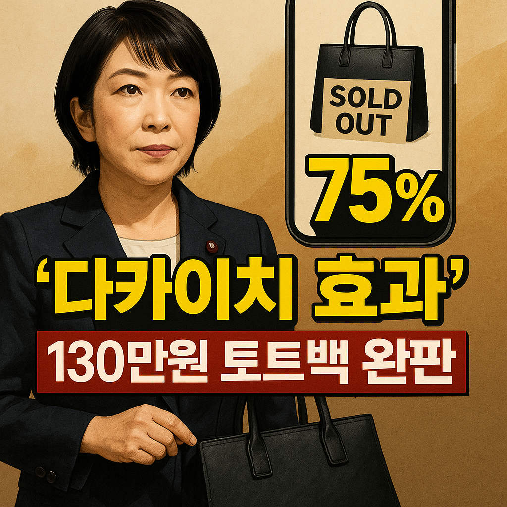 일본 총리가 들고 있는 블랙 토트백이 완판 되며 ‘다카이치 효과’를 상징하는 패션 아이콘 강조 이미지