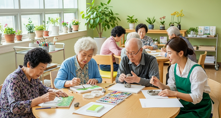 치매안심센터의 기억키움학교에서 어르신들이 미술 치료를 받으며 즐거워하는 모습. 보호자의 휴식과 환자의 활동을 상징합니다.