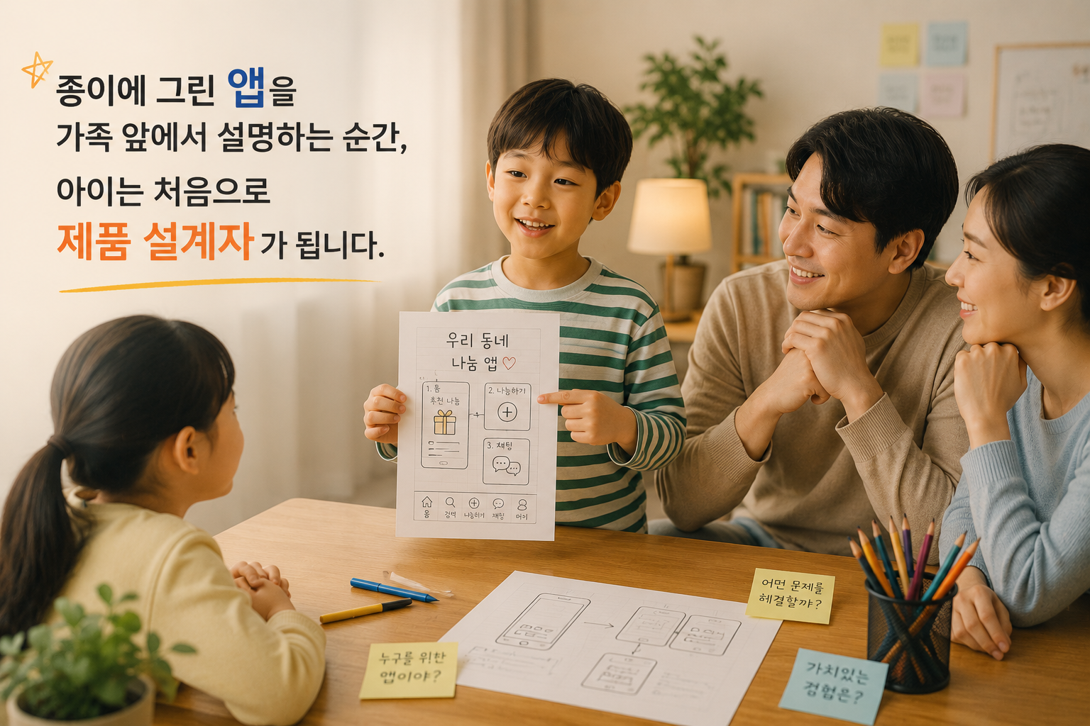 종이에 그린 앱을 가족 앞에서 설명하는 순간, 아이는 처음으로 제품 설계자가 됩니다