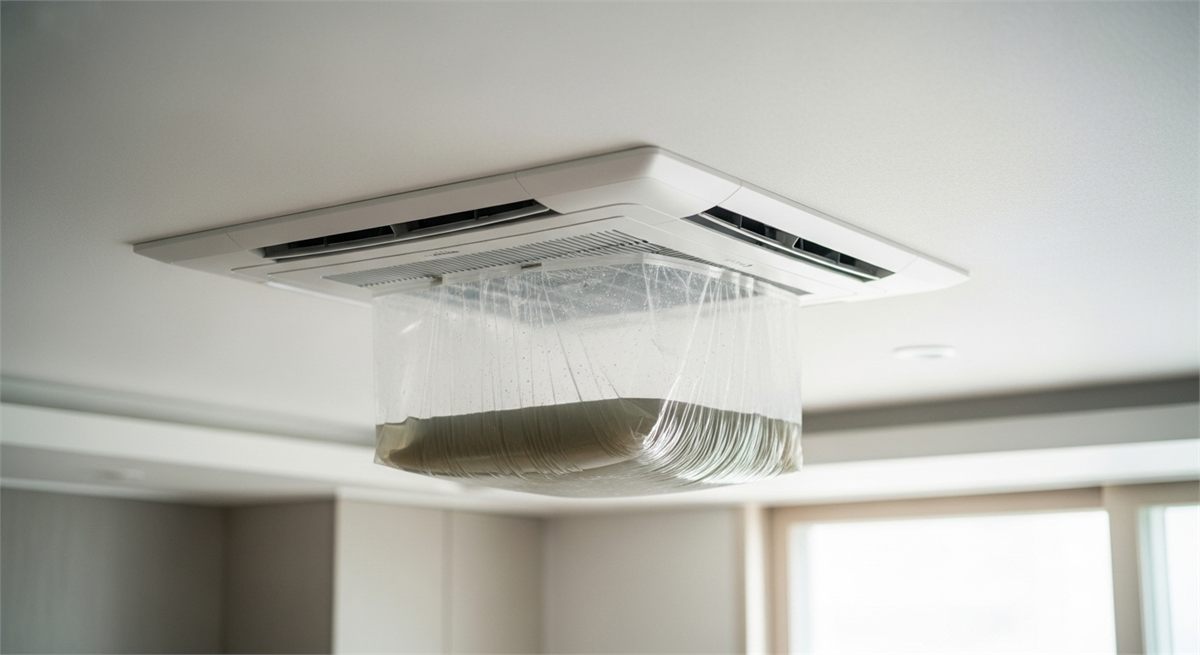 천장형 에어컨에 세척 커버를 씌운 채 작업하는 모습 