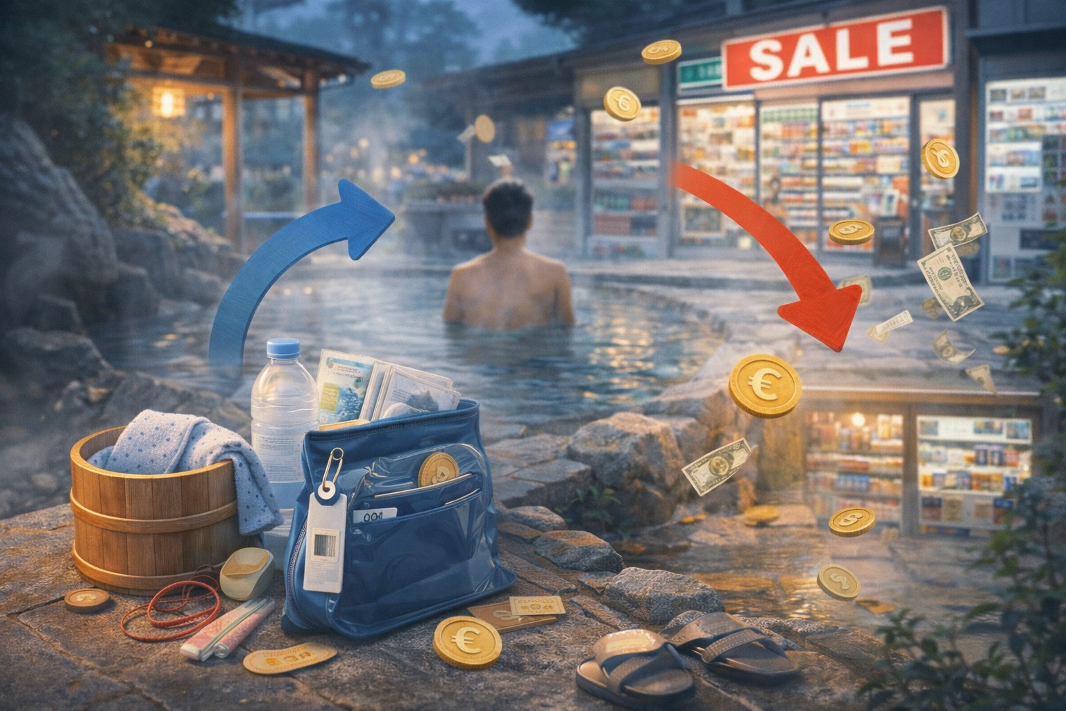 일본 온천 여행에서 준비물 차이로 손익이 갈리는 상황을 상징하는 대표 이미지