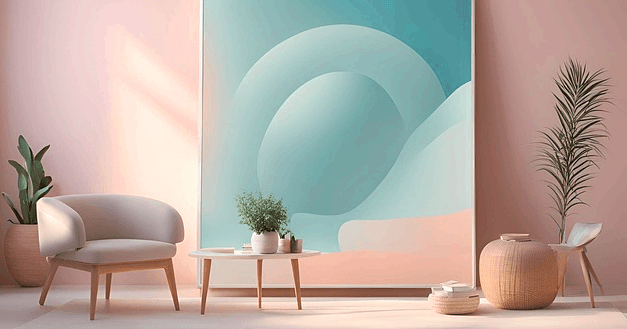 파스텔 색상의 거실 풍경이다. 연분홍색 벽에 하늘색 물감이 칠해진 큰 액자가 있다. 연회색 1인용 소파와 작은 탁자가 있고 주변엔 녹색식물 화분들이 있다.