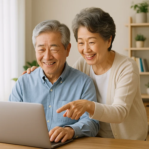 집에서 노트북으로 시니어 취업 사이트를 함께 살펴보는 60대 한국 시니어 부부의 밝은 모습
