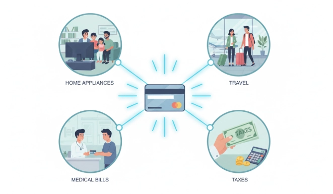 해외여행, 가전제품, 병원비, 세금 납부 등 상황별 무이자 할부 카드 활용을 보여주는 일러스트.