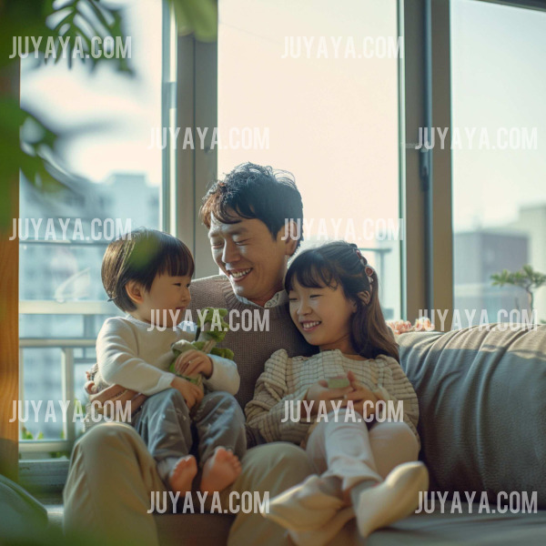 아빠와 엄마가 아이와 함께 소파에 앉아 웃고 있는 모습. 따뜻한 가정의 분위기를 담은 사진.