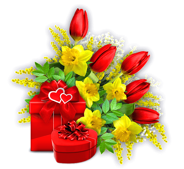 빨간 선물상자 2개가 있고 주변엔 노란 수선화와 붉은 튤립들이 가득하다.