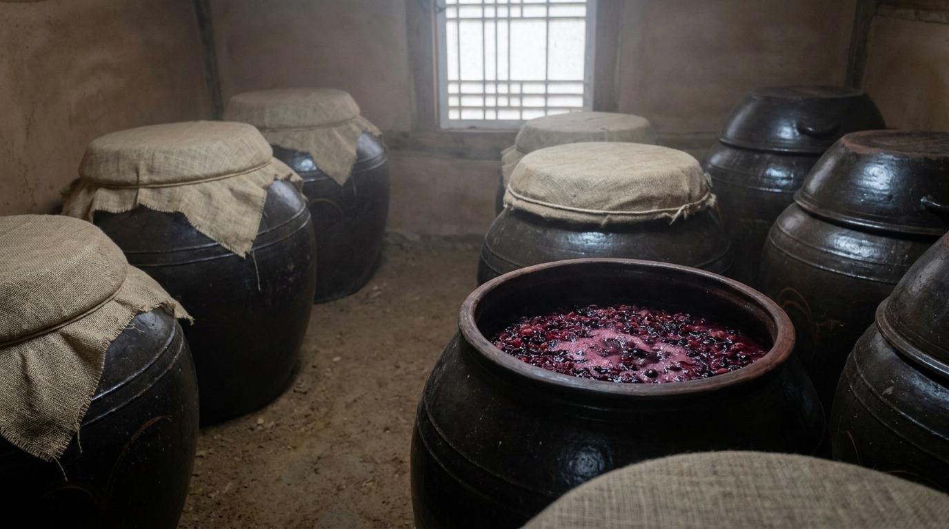 레드와인 식초가 만들어지는 포도 발효 과정과 오크통 모습