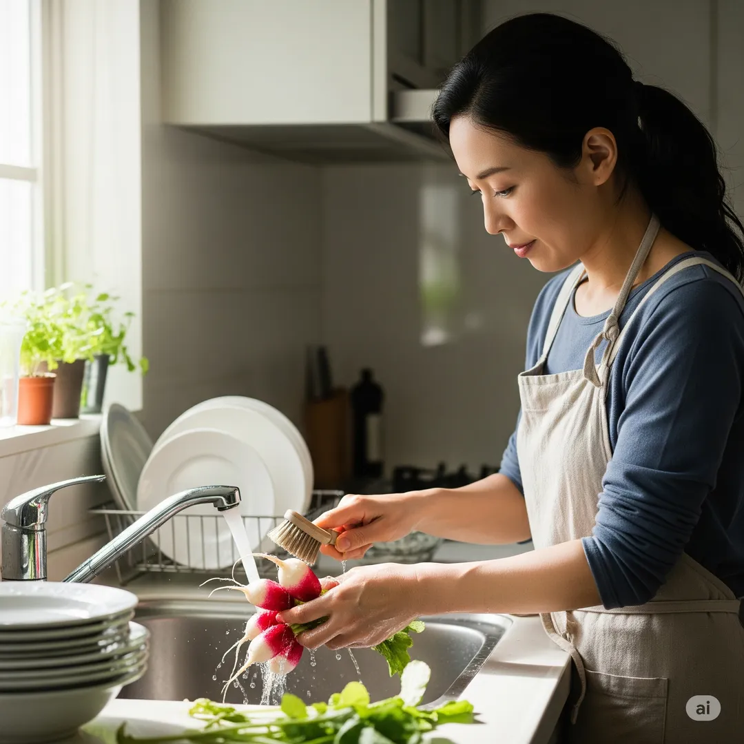 주방 싱크대에서 무를 세척하는 여성