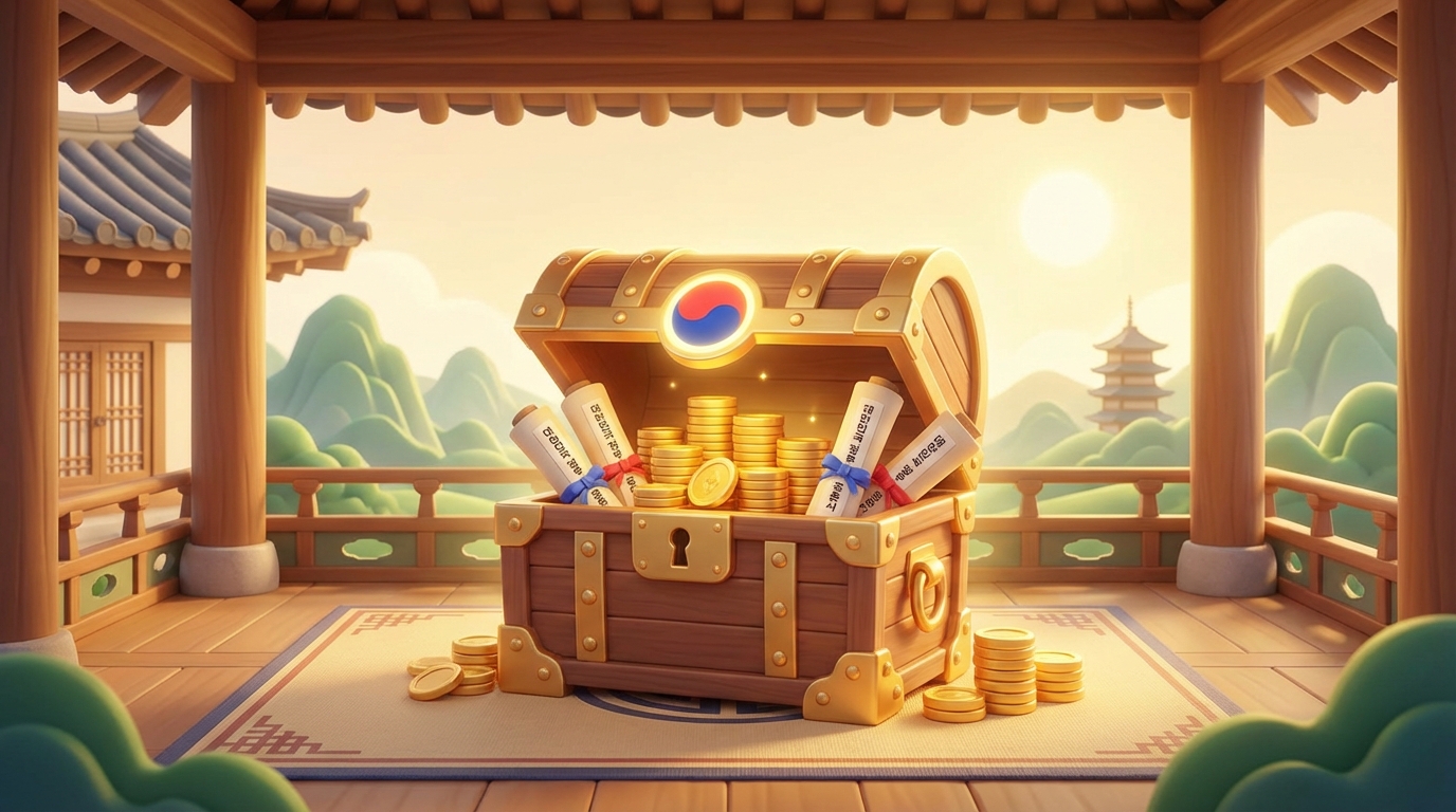 대한민국 정부 환급금 4종 세트를 상징하는 보물상자 이미지