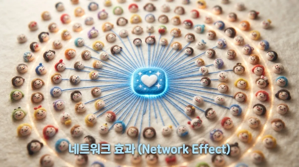 중앙의 니들 펠트 앱 아이콘에서 뻗어 나간 실이 동심원을 이루며 늘어선 수많은 사용자 인형 얼굴로 연결되는 네트워크 효과와 사용자 확산을 시각화한 이미지