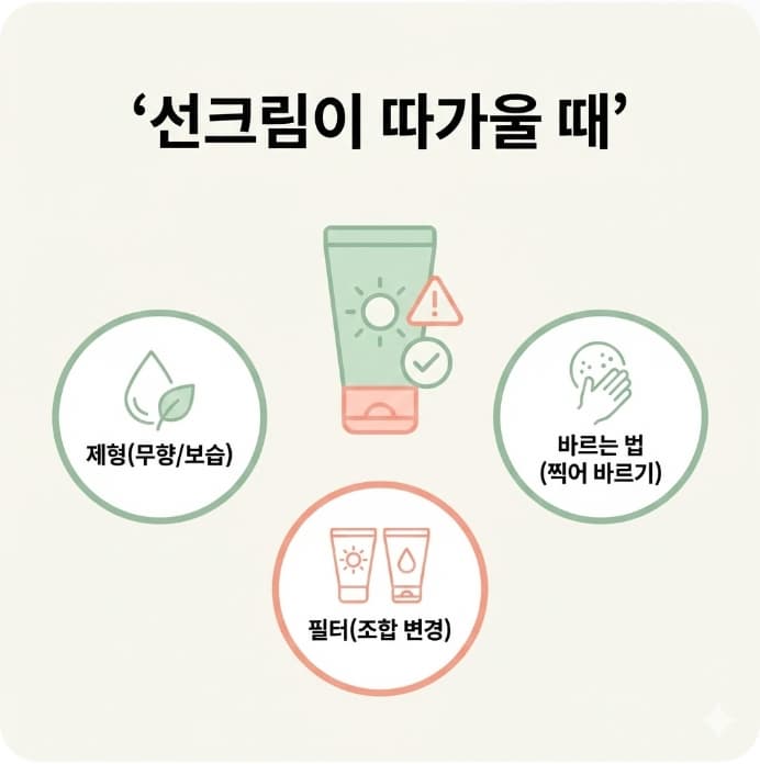 선크림이 따가울 때 제형&middot;필터&middot;바르는 방법을 바꿔 해결하는 3단계 가이드를 정리한 인포그래픽