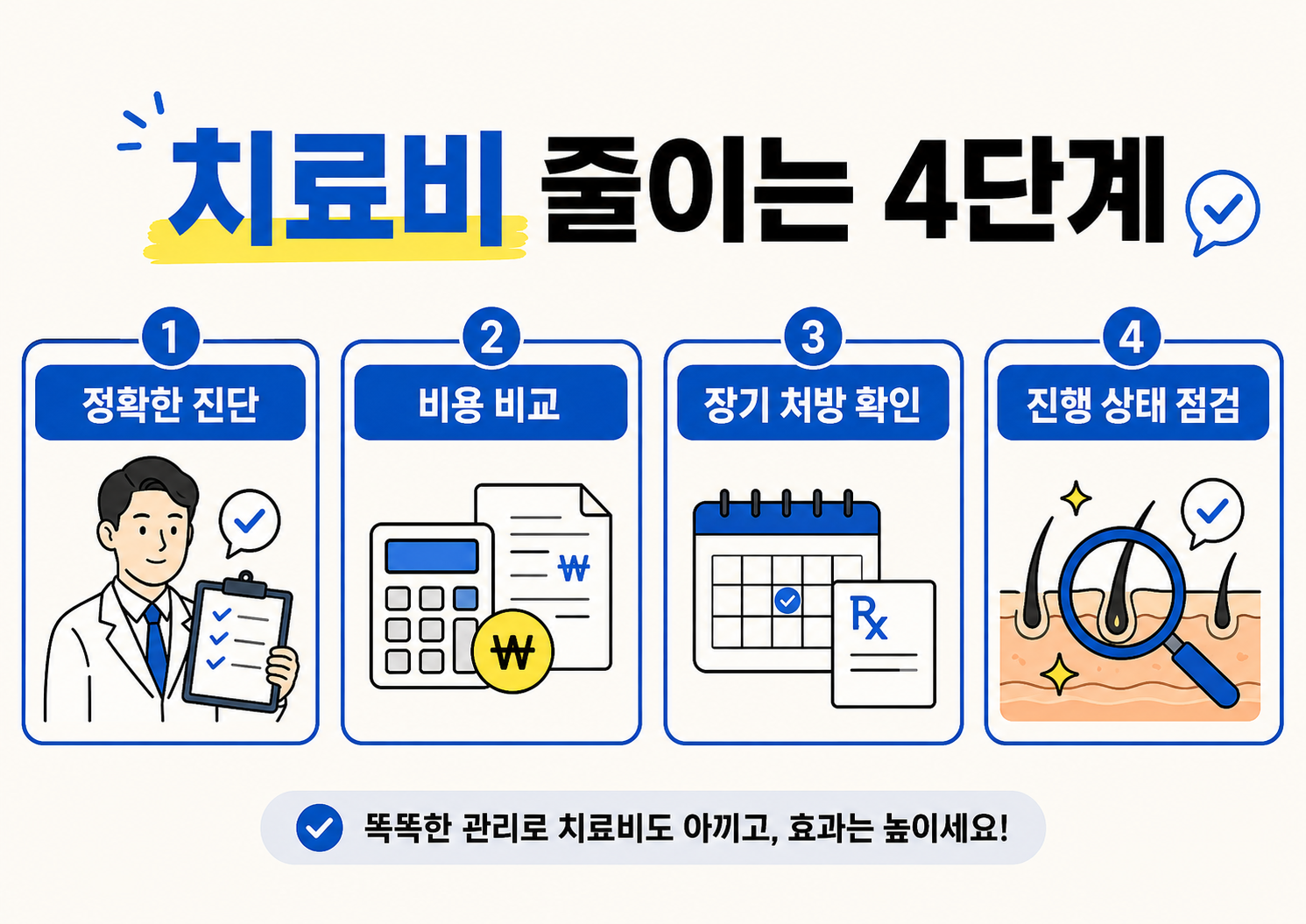 정확한 진단, 비용 비교, 장기 처방 확인, 진행 상태 점검 등 탈모 치료비를 줄이는 4단계를 정리한 인포그래픽.