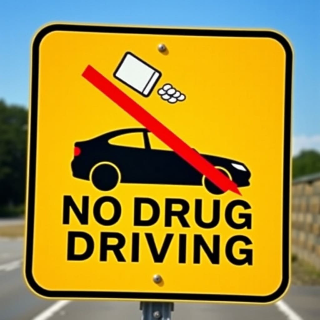 약물 복용 운전이 법적으로나 안전상으로 금지되어야 하는 행위임을 명확히 전달하는 시각적 경고 메시지입니다.