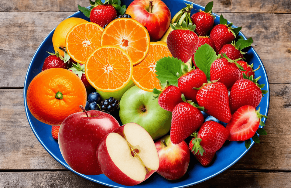 울철 비타민 과일인 귤과 딸기, 사과가 담긴 접시