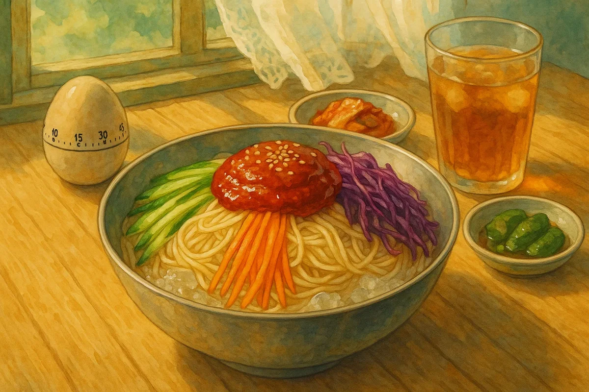 시원한 그릇에 담긴 색색의 야채와 매콤한 양념장이 어우러진 비빔국수, 15분 조리시간 타이머와 함께 여름 식탁 풍경