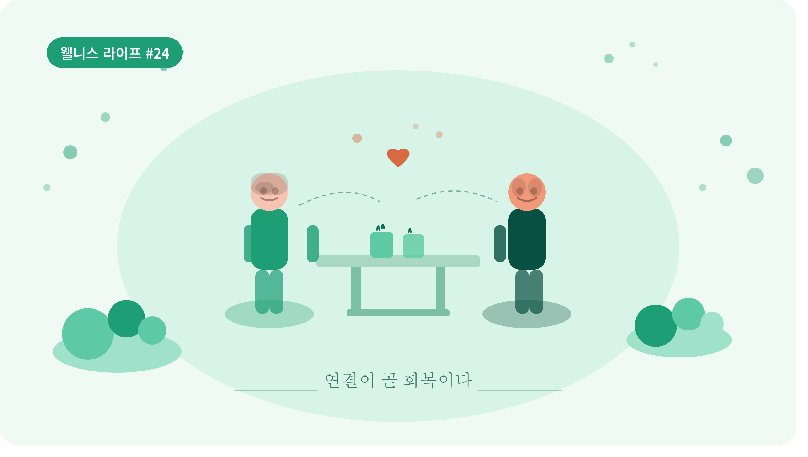 두 사람이 마주 보고 미소 지으며 하트 모양의 선으로 연결된 모습을 나타낸 차분한 파스텔톤의 웰니스 라이프 그래픽 일러스트 이미지 (인간관계와 정신 건강의 연결성을 상징하는 대표 이미지)