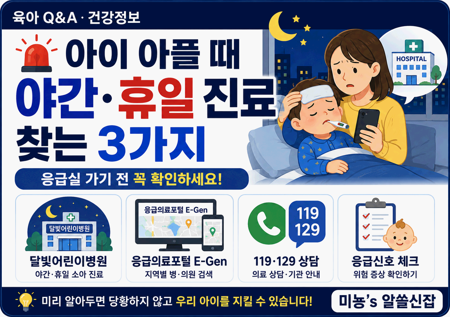 아이 아플 때 야간·휴일 진료 찾는 3가지 - 응급실 가기 전 꼭 확인하세요! 부모가 알아야 할 야간진료·달빛어린이병원·비대면진료 총정리
