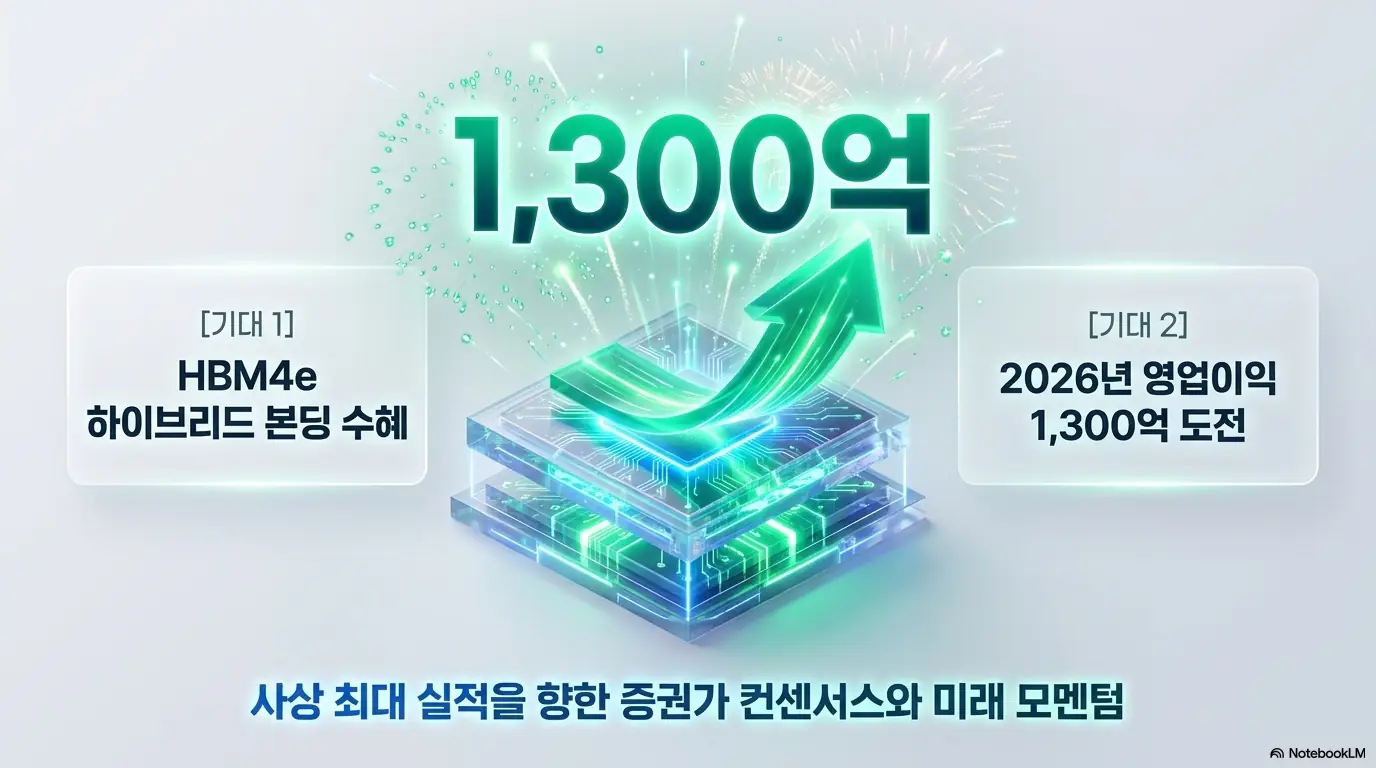티씨케이 주가 전망: 티씨케이의 미래 기대 요인으로 HBM4e 하이브리드 본딩 수혜와 2026년 영업이익 1&amp;#44;300억 원 도전을 보여주는 이미지. 사상 최대 실적을 향한 증권가 컨센서스와 미래 모멘텀을 시각화하며&amp;#44; 블로그의 티씨케이 주가 전망 주제와 관련된 내용을 설명함