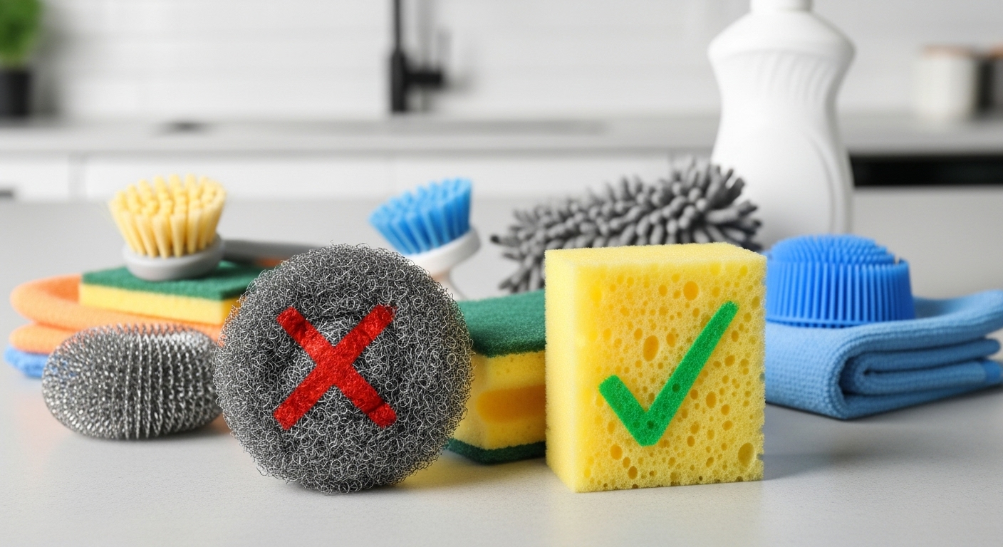 철 수세미에 X표시가, 부드러운 스펀지에 O표시가 되어 있어 냄비 세척 시 올바른 도구를 선택하는 중요성을 보여주는 이미지