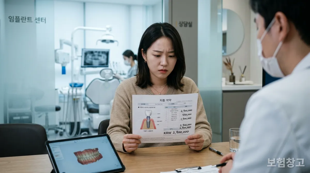 현대적인 치과에서 높은 치료 비용에 대해 걱정하는 젊은 한국인의 모습