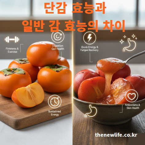 단감과 일반 감의 장점과 효능 차이를 시각적으로 비교한 이미지로, 아삭한 단감과 부드러운 홍시의 각각 다른 건강 특성을 표현한 사진