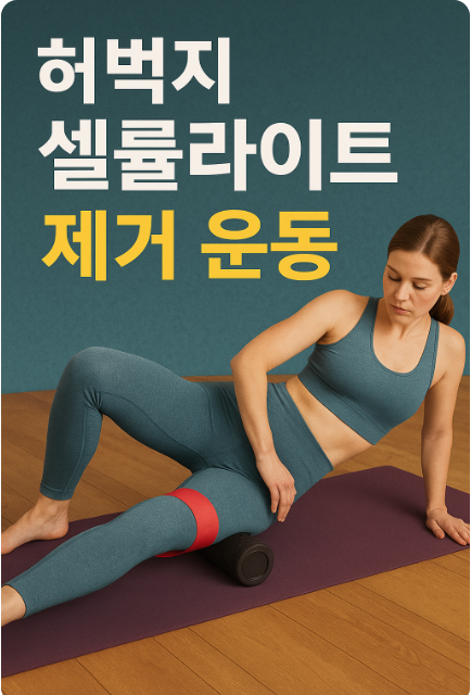요가매트 위에서 셀룰라이트 제거를 위한 저항 밴드 및 근막롤러 운동을 하는 여성의 이미지