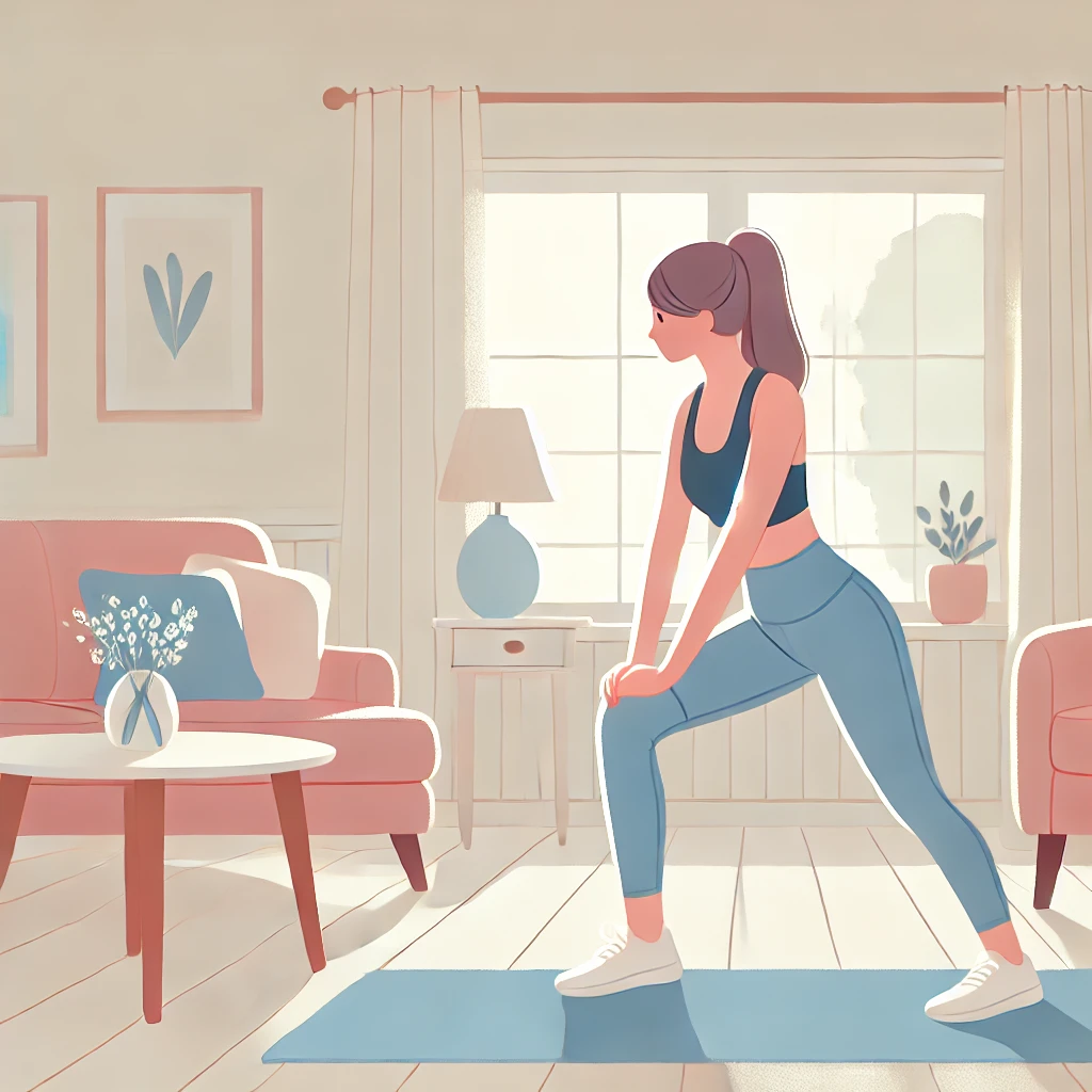 집에서 홈트레이닝 하고 있는 여성의 이미지.