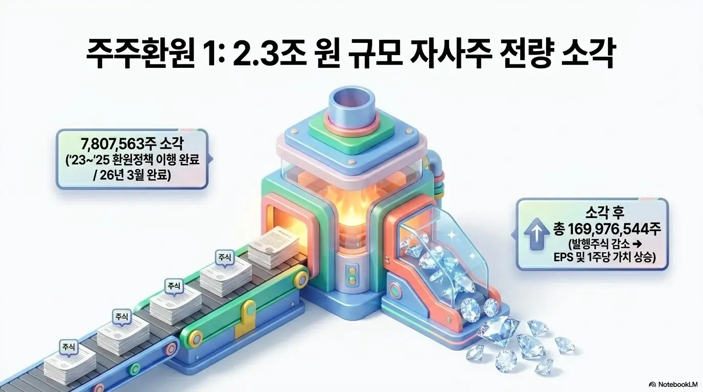 삼성물산 주가 전망: 삼성물산의 자사주 전량 소각을 소각기와 다이아몬드로 보여주는 인포그래픽. 보통주 약 781만 주(7,807,563주)를 2026년 3월 소각해 23~25년 주주환원정책을 이행 완료하고, 소각 후 보통주가 169,976,544주로 줄어 EPS와 1주당 가치가 오르는 효과를 강조하며, 블로그의 삼성물산 주가 전망과 주주환원 주제를 시각적으로 설명함