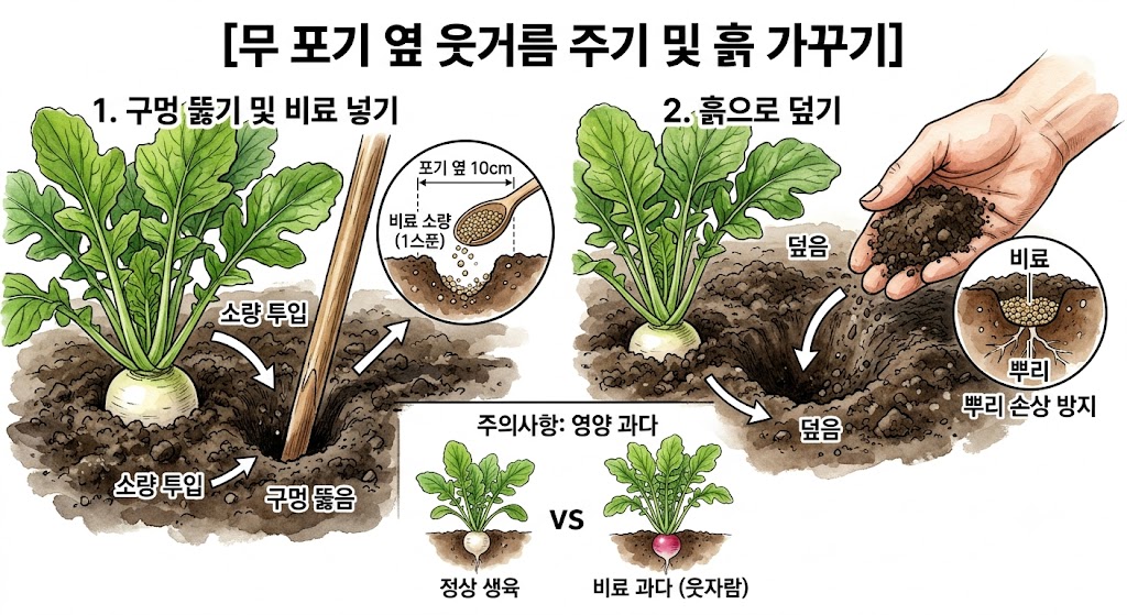 무 포기에서 약간 떨어진 곳에 구멍을 뚫고 비료를 넣어준 뒤 흙으로 덮는 모습
