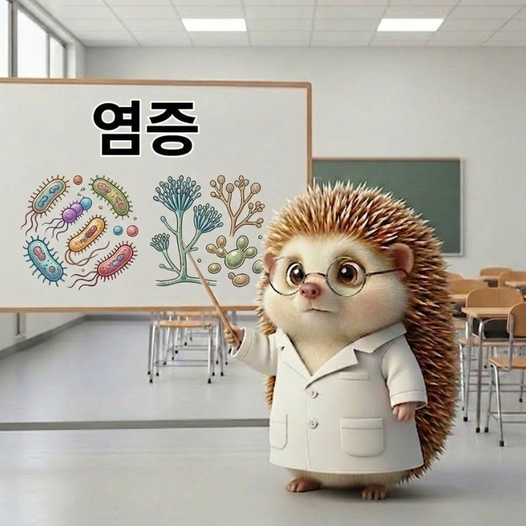 염증의 원인인 세균과 곰팡이에 대해 설명하는 도치씨 모습