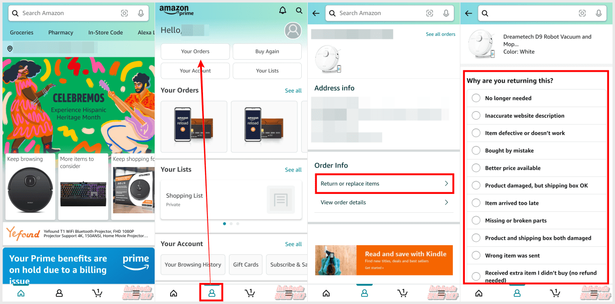 아마존 상품 앱을 통핸 반품 및 교환 방법