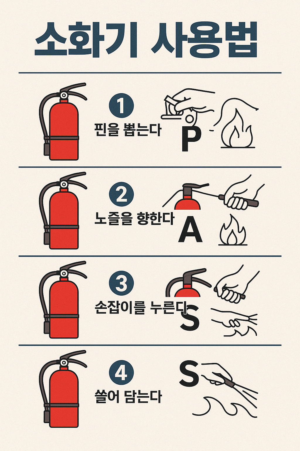 2025년 소화기 PASS 사용법 인포그래픽 이미지로, Pull, Aim, Squeeze, Sweep 단계별 소화기 사용 절차를 시각적으로 안내함