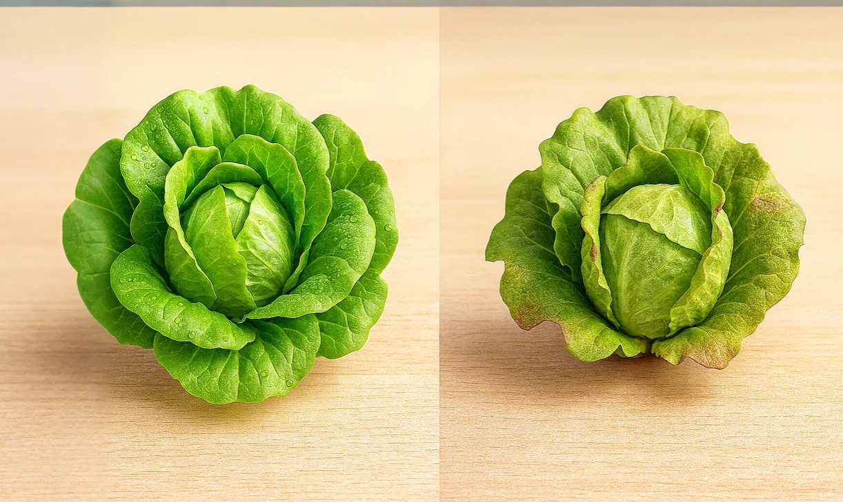 로컬푸드 직매장의 신선한 상추와 시들한 상추를 비교하는 사진