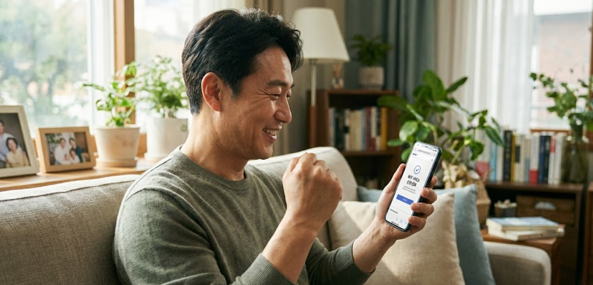 스마트폰으로 복지 혜택을 검색하며 안도하는 경기도민