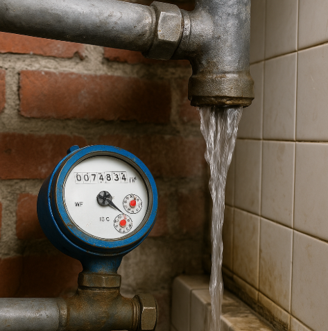 누수 확인중인 계량기,물이 새는 파이프