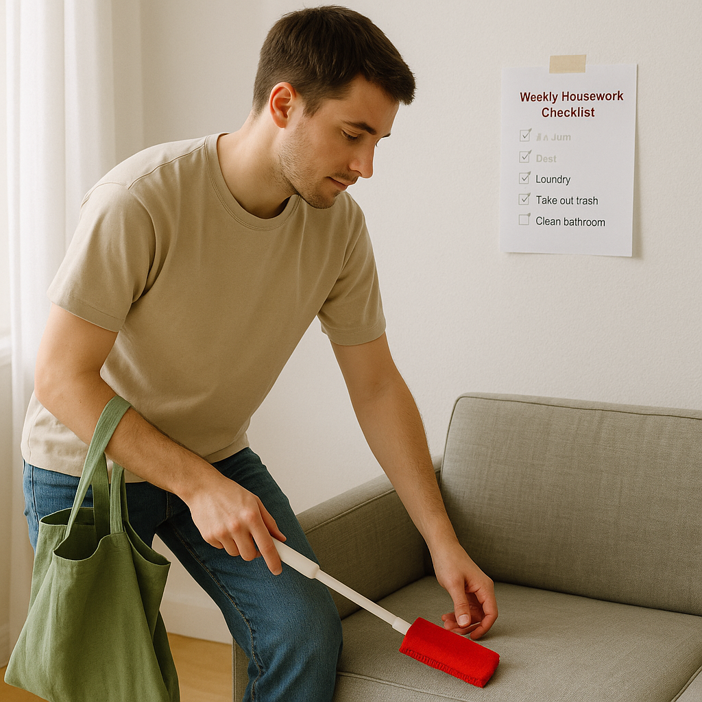 자취방에서 주간 살림 체크리스트를 보며 작은 청소도구로 청소 중인 남성의 모습