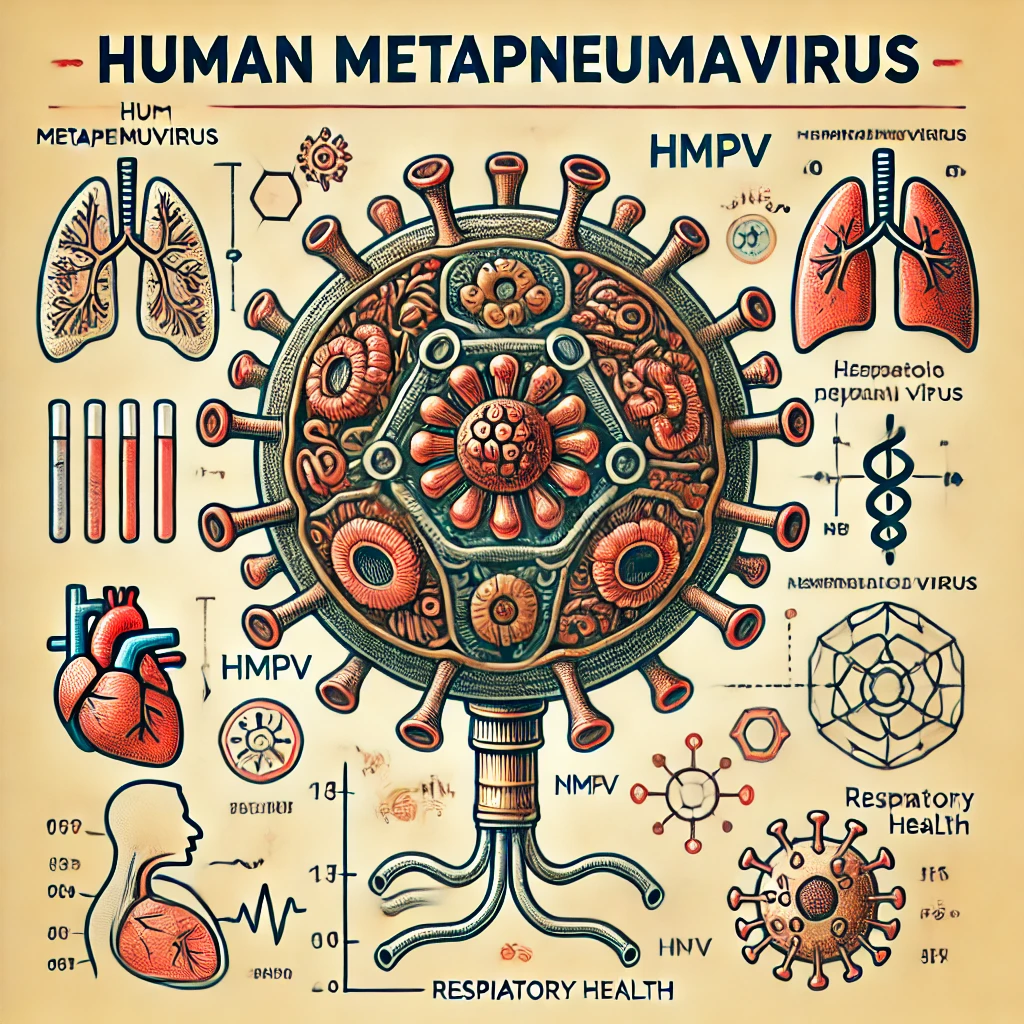 hMPV의 바이러스 구조를 상세히 묘사한 과학적 이미지로, 바이러스의 주요 구성 요소를 라벨로 표시하여 교육적인 내용을 담고 있습니다.