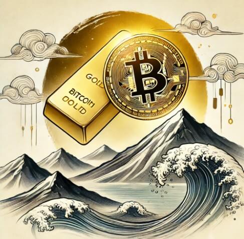 산은 안정적인 금을 비유하고, 파도는 혁신적인 비트코인을 비유하는 동양화풍 그림