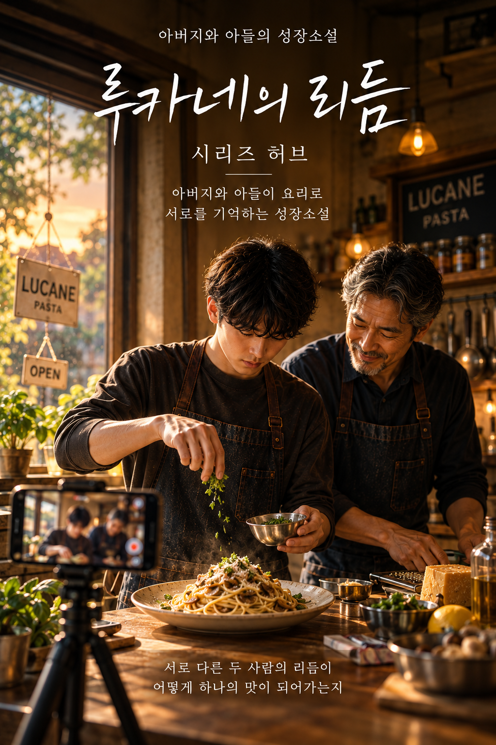 Vertical series-hub cover image for Lucane’s Rhythm, a father-and-son coming-of-age novel. In the warmly lit LUCANE pasta kitchen, Ian, a teenage son in a dark apron, finishes a pasta dish while his father Luca works beside him with a quiet, supportive expression. A smartphone on a tripod records them, and LUCANE PASTA signs, kitchen shelves, herbs, cheese, and cooking tools surround the scene. Korean text identifies the image as the Lucane’s Rhythm series hub and describes the story as a novel about a father and son remembering each other through cooking, asking how two different rhythms can become one shared taste.