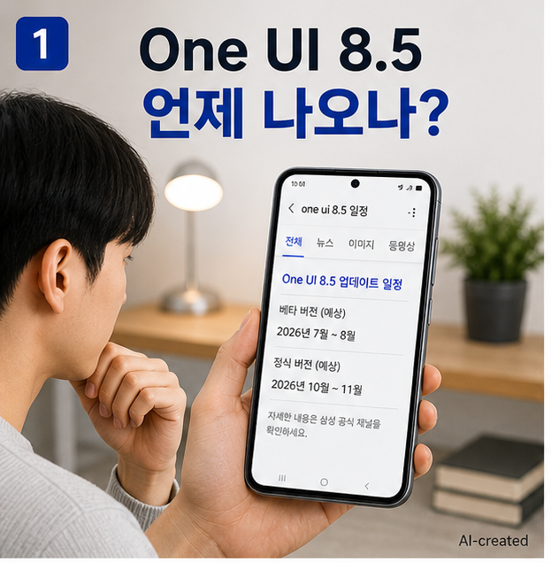 One UI 8.5 업데이트 일정과 지원 기기를 검색하는 갤럭시 사용자 모습
