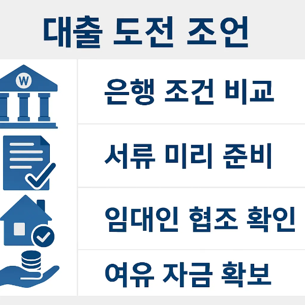 전세자금대출 후기에서 얻은 조언을 담은 인포그래픽으로 은행 조건 비교, 서류 미리 준비, 임대인 협조 확인, 여유 자금 확보 등 실질적인 준비 팁을 제공합니다.