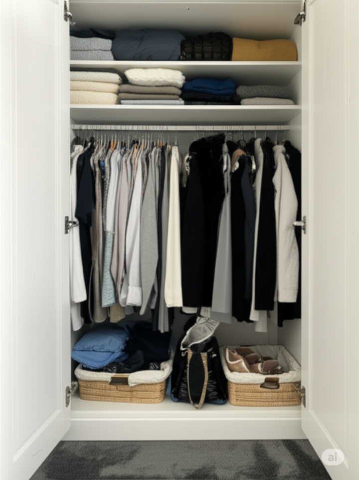 옷, 이불, 바구니 등이 깔끔하게 정리된 흰색 옷장 내부, 효율적인 수납으로 넓어진 공간 활용