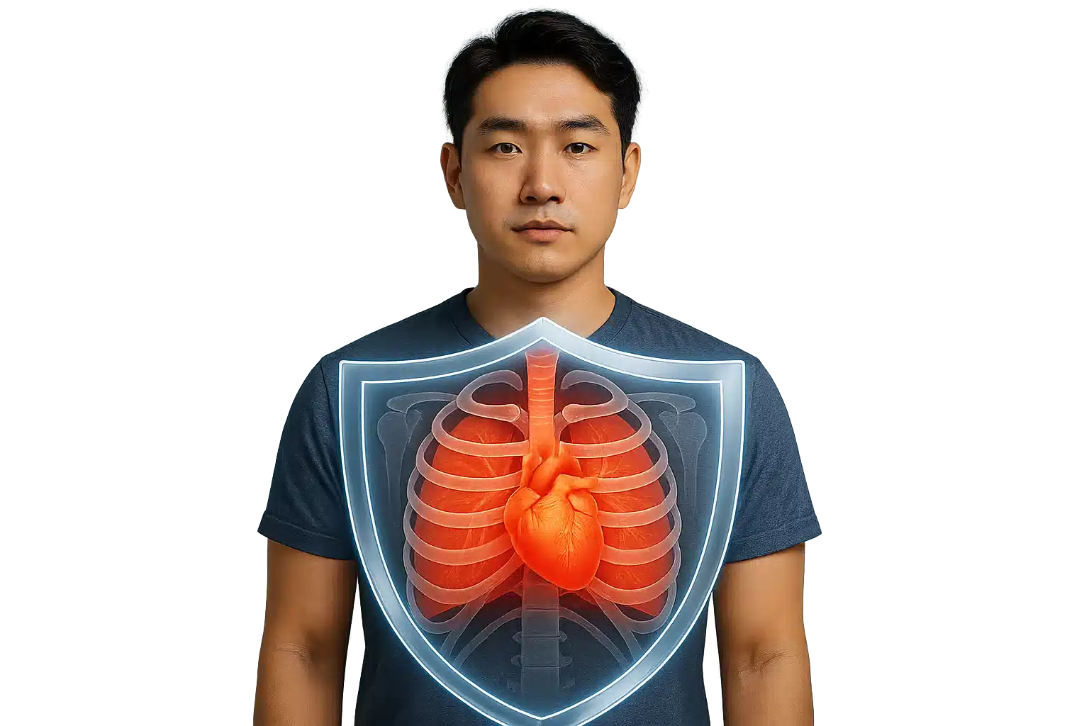갈비뼈를 보호하는 갑옷 같은 투명 방패로 심장과 폐를 지키는 그래픽