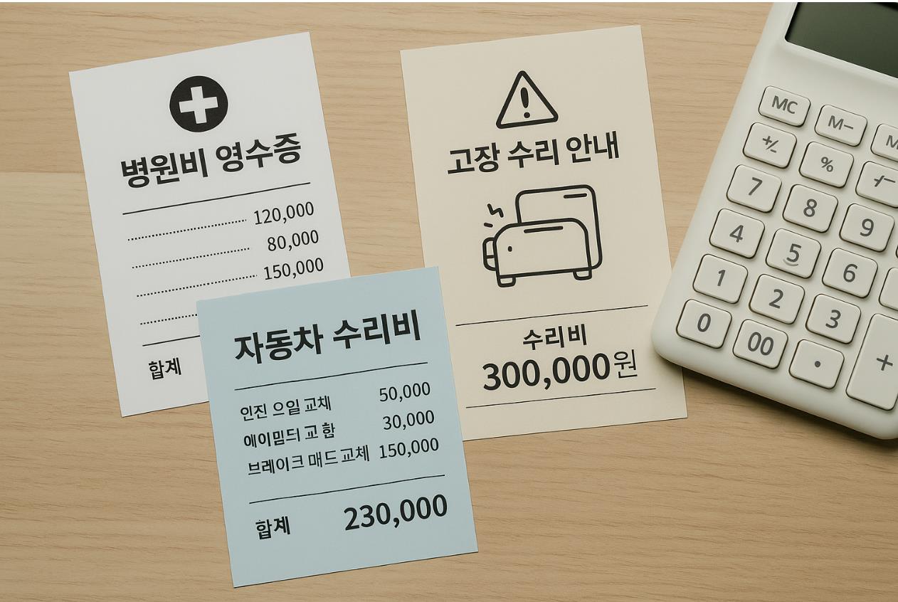 병원비 영수증, 자동차 수리비 고지서, 고장 난 가전제품과 수리비 청구서 같은 장면