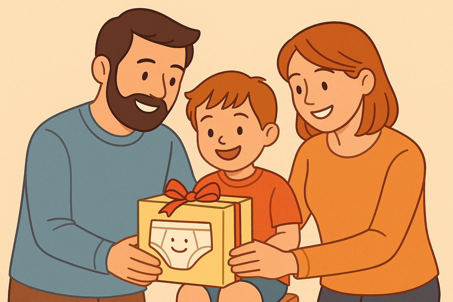 부모님이 아이의 배변 독립을 축하해주며 선물을 주는 모습