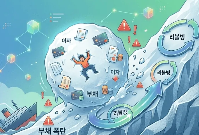 신용점수 하락이유: 가파른 얼음 산에서 '리볼빙'의 순환 화살표를 따라 빚더미 눈덩이에 갇혀 굴러떨어지는 남성을 묘사한 일러스트입니다. 눈덩이 안에는 '이자'와 '부채' 텍스트, 신용카드, 청구서, 동전 더미가 가득 차 빚이 눈덩이처럼 불어나는 모습을 보여줍니다. 눈덩이 주변 얼음판 위로 '리볼빙' 화살표와 수많은 경고 아이콘이 있으며, 배경에는 무너지는 건물과 침몰하는 배 위로 '부채 폭탄' 텍스트가 배치되어 감당할 수 없는 금융 위기와 악순환을 경고합니다. 리볼빙 장기 이용의 위험성을 직관적으로 전달합니다.